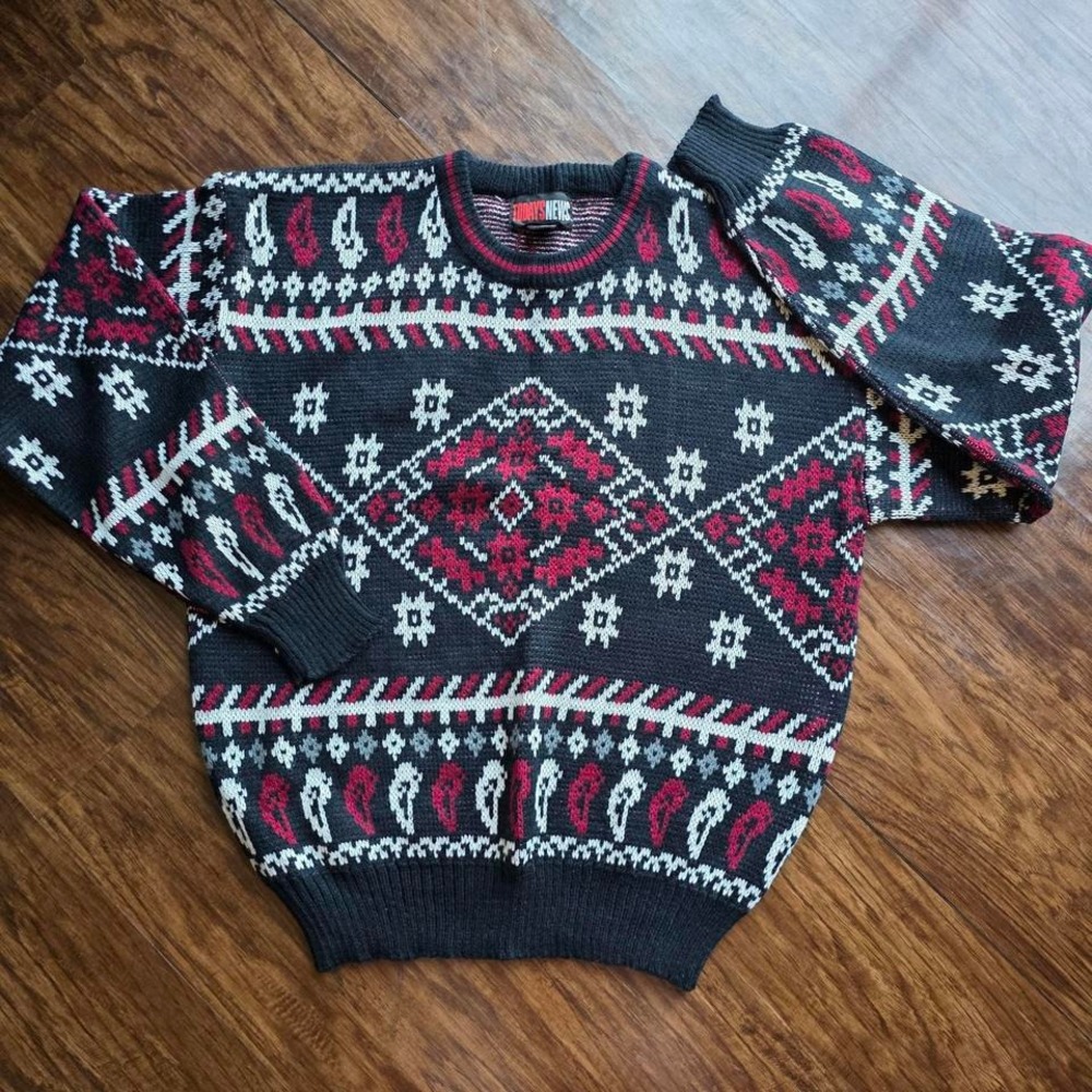 Vintage 90s Todays News Knit Sweater Made in Korea‎ Geometric Paisley